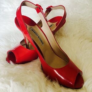 Manolo Blahnik Vibrant Red Peep Toe Heels